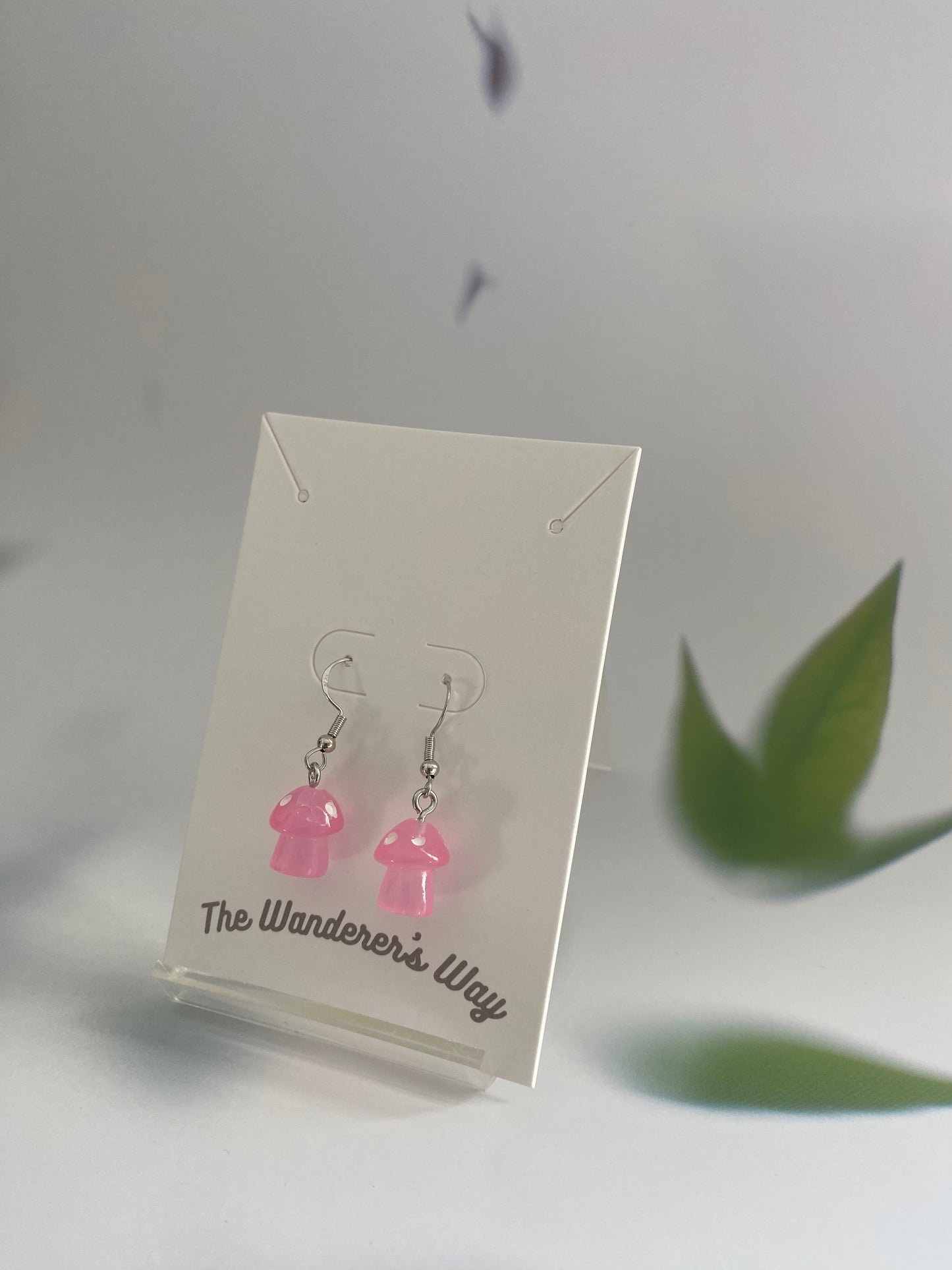 Handmade Baby Pink Resin Glow In The Dark Mushroom Silver Colour Copper Earrings